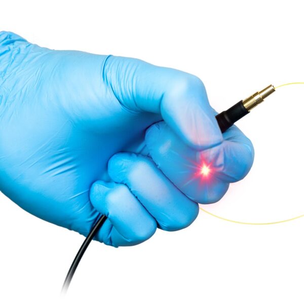 Gloved hand holding the Endolift handpiece with its hair-thin optical fibre glowing red.