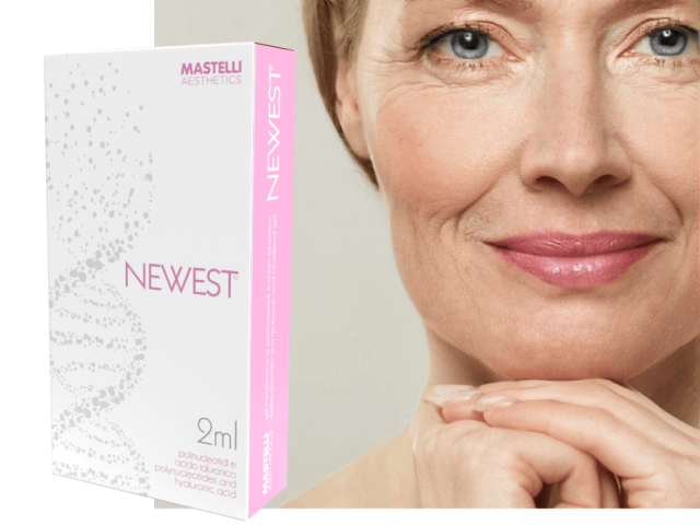 Close-up of a woman with clear skin next to Polynucleotides product box.